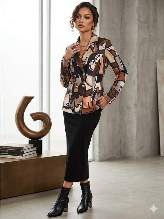 SHEIN Jackets & Blazers - SHEIN Women's Abstract Graphic Print Blazer Jacket Button Front Earth Tone